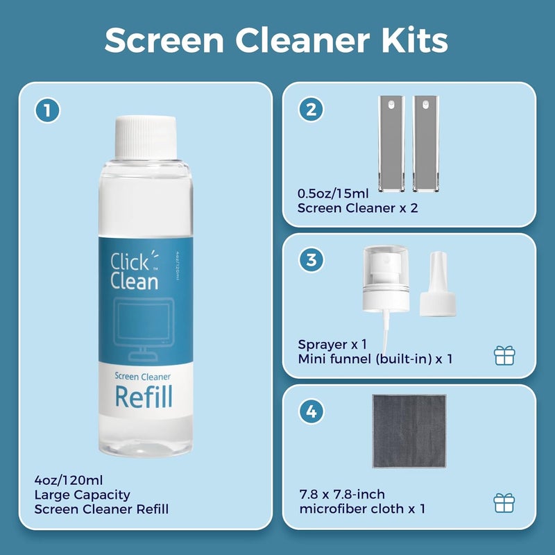 CLICK CLEAN Screen Cleaner Kits - 2 All-in-One Mist Cleaner with 4 oz Refill, 1 Microfiber Cloth(7.8 x 7.8in), 1 Mini Funnel, and 1 Sprayer - for All Phones, Laptop and Tablet Screens - Image 4